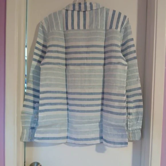 Untuckit Vietti Women's Long sleeve Linen Button Up Blue White Stripe  S… - Picture 5 of 11
